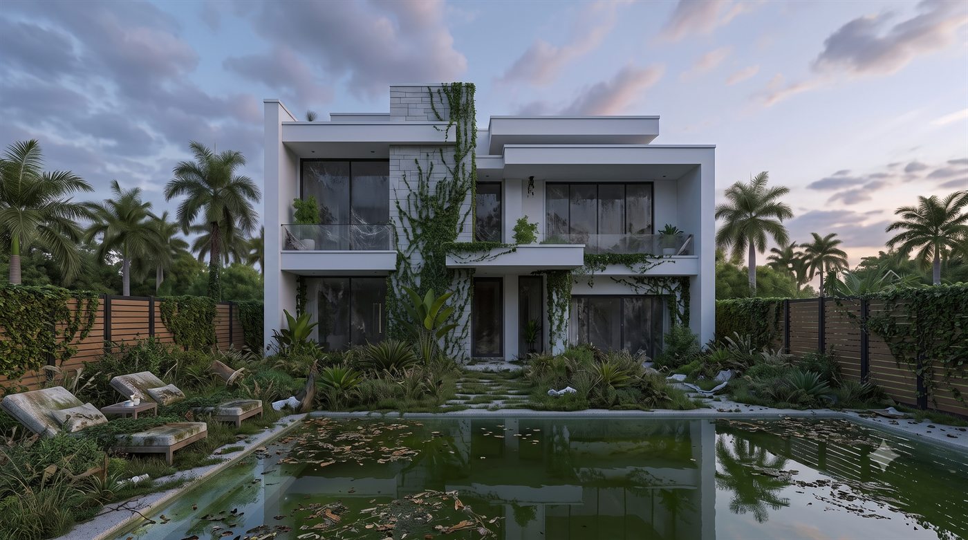 Palmview Residence backyard before renovation — overgrown beds and green pool water