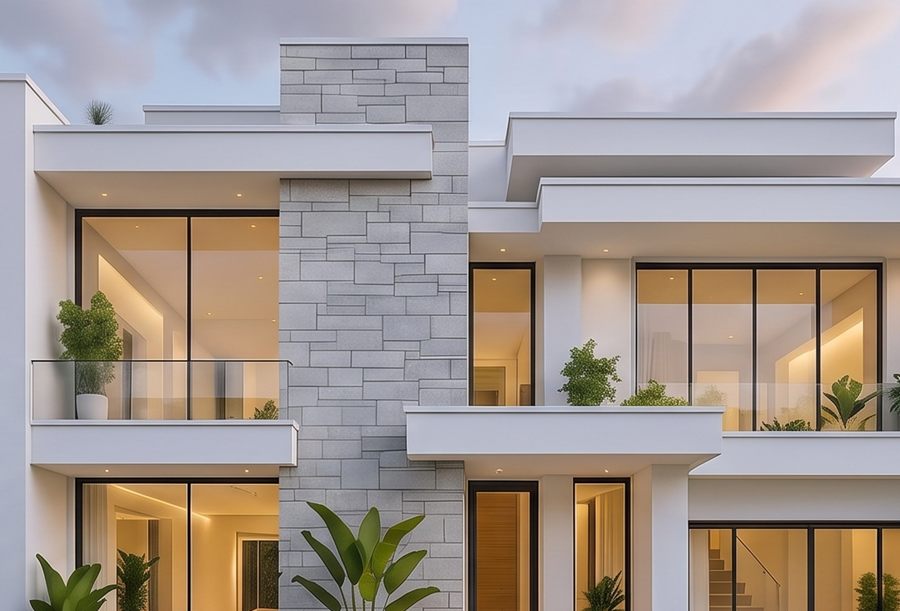 Glass facade with stone cladding and terrace