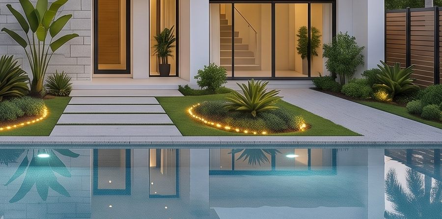 Landscape beds with warm in-ground lighting
