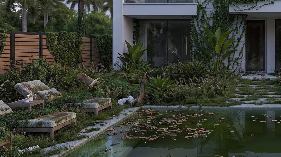 Overgrown backyard before restoration