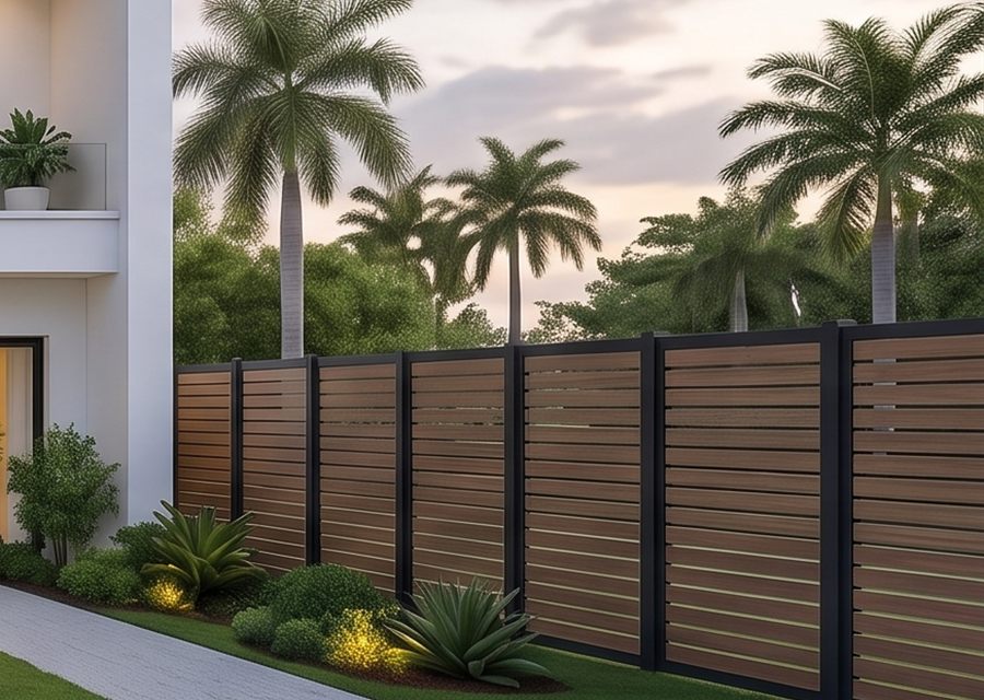 Palm-lined perimeter with horizontal timber screening
