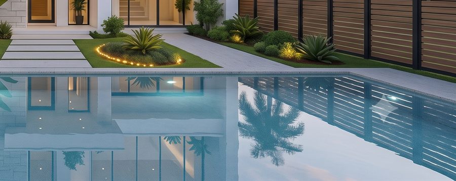 Resort-style swimming pool with lit waterline